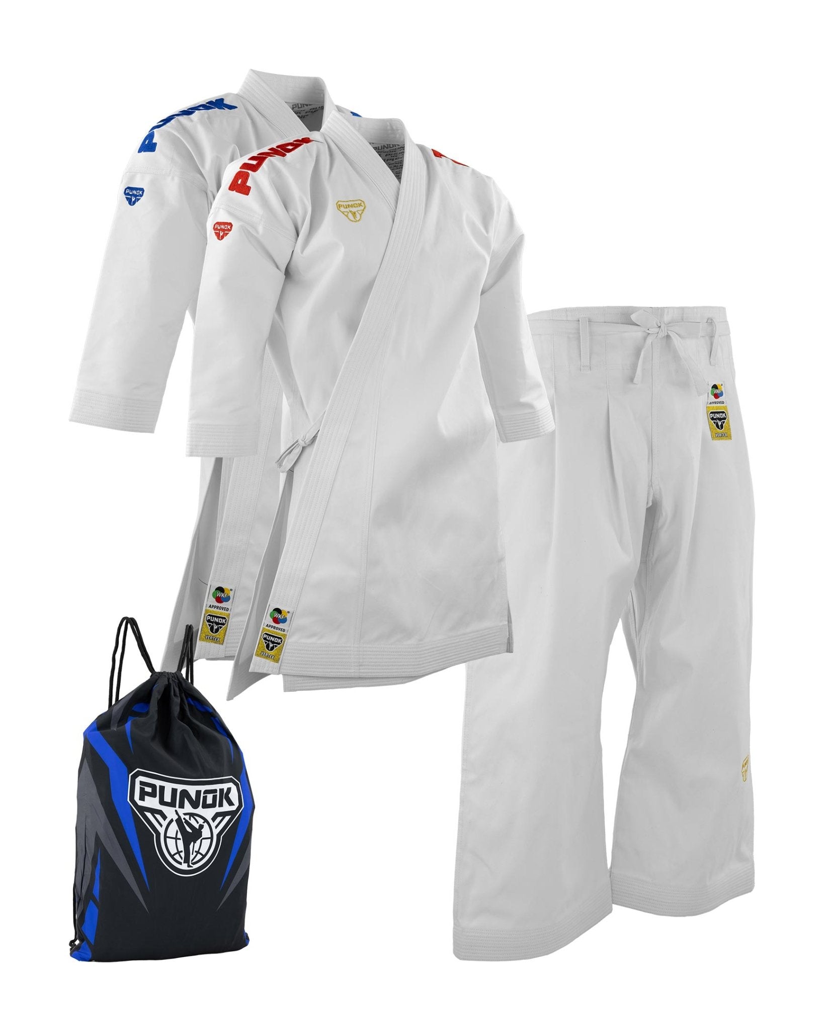 Tighter view: white gi jacket, pants, and blue drawstring bag