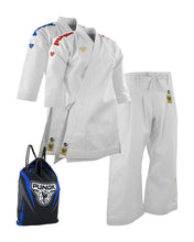 Tighter view: white gi jacket, pants, and blue drawstring bag