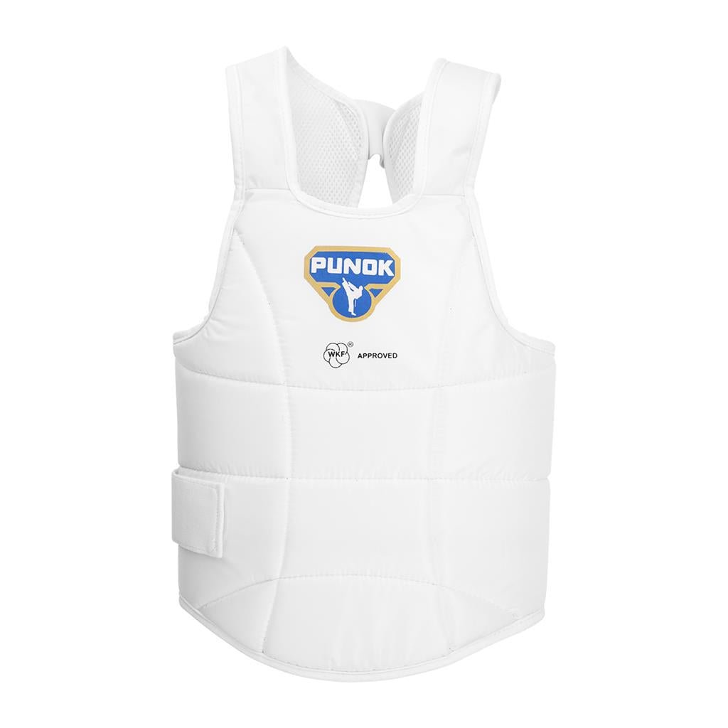 Punok WKF-approved body protector vest, white front with Punok logo and 'APPROVED'