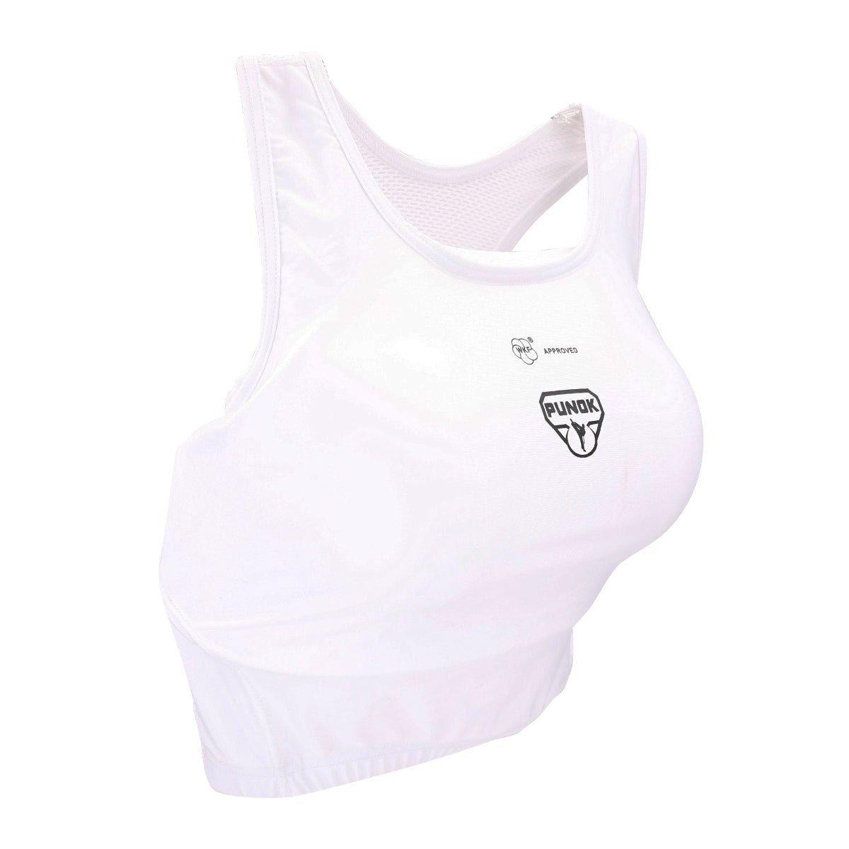 White sleeveless chest guard with padded front and Punok shield logo, centered.