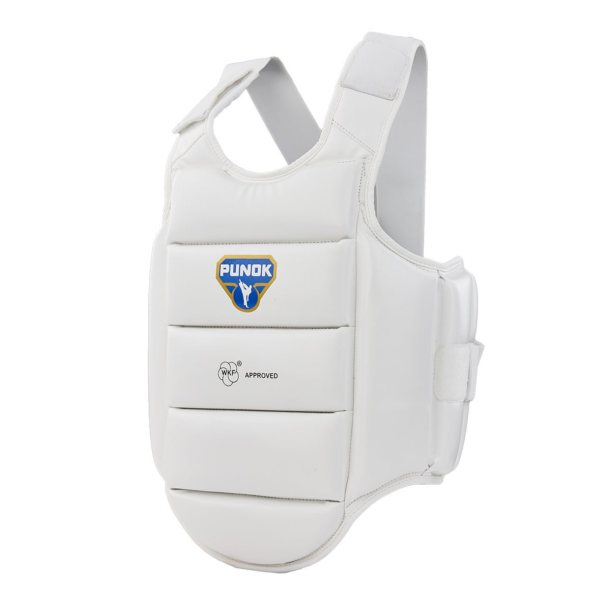 White external body armour vest with Punok logo and WKF approved label