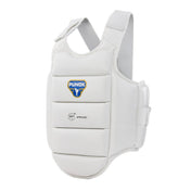 White external body armour vest with Punok logo and WKF approved label