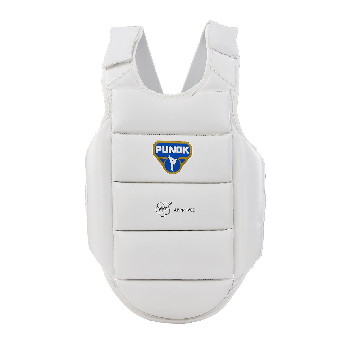 White external body armour vest front panel with Punok logo and WKF approved seal