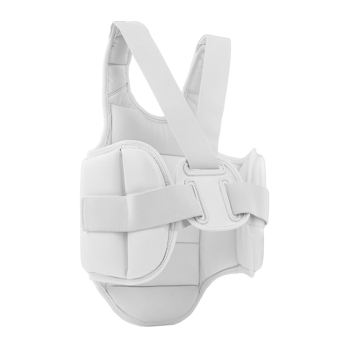 White external body armour vest with front straps and side padding panels