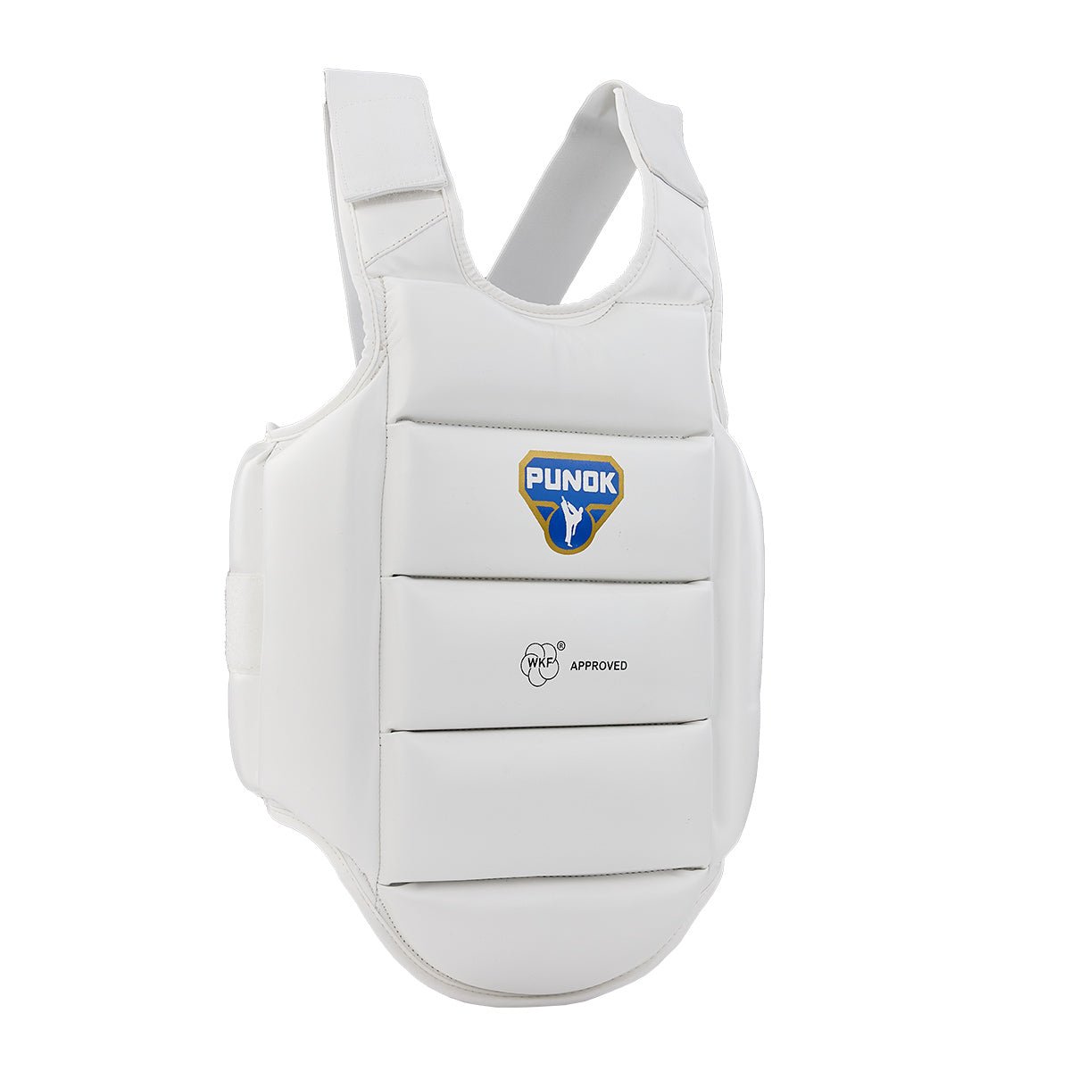 White external body armour vest with Punok logo and WKF approved badge