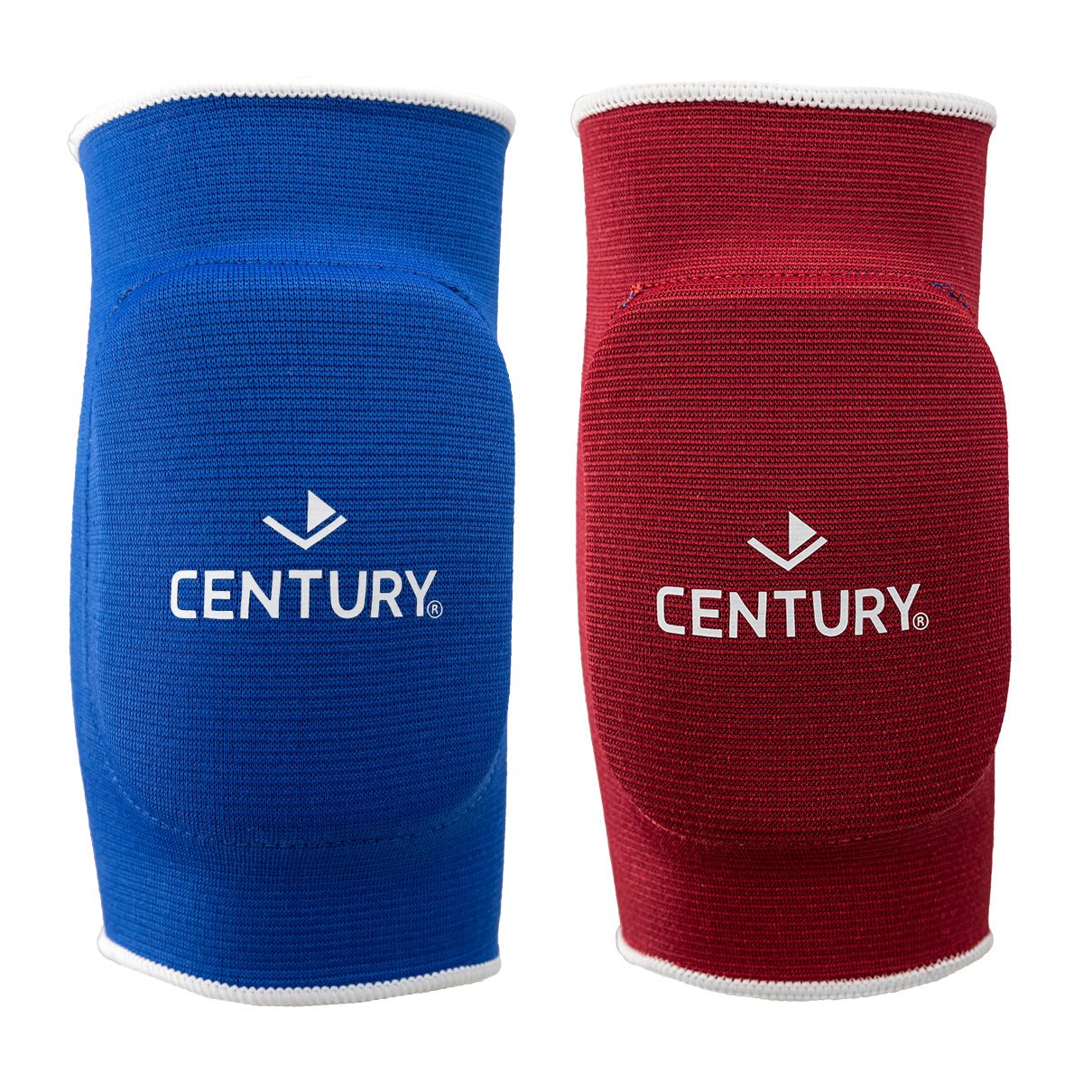 Reversible elbow protector pair, blue and red knit sleeves with CENTURY logo and V emblem