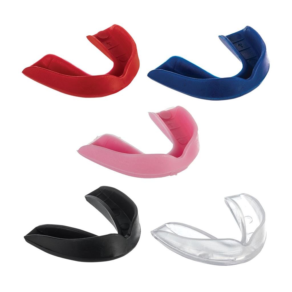 Assorted single mouthguards: red, blue, pink, black, and clear (5 styles).