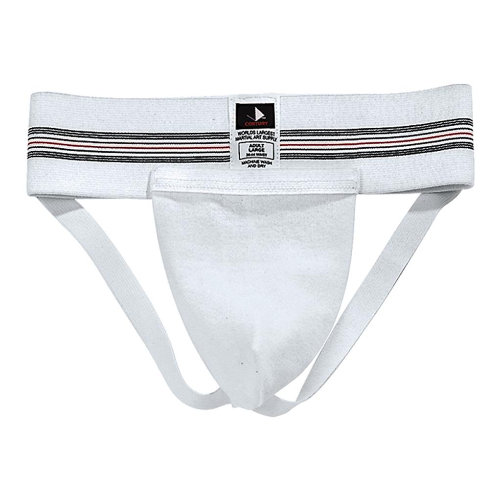 White athletic supporter with multicolor stripe waistband and breathable front