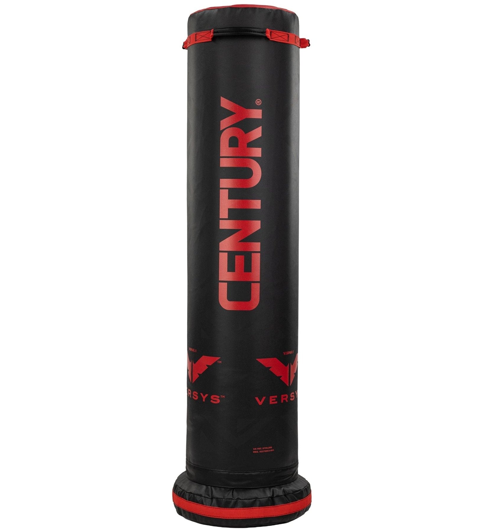 Youth boxing bag, black with red vertical text, top strap and logo print