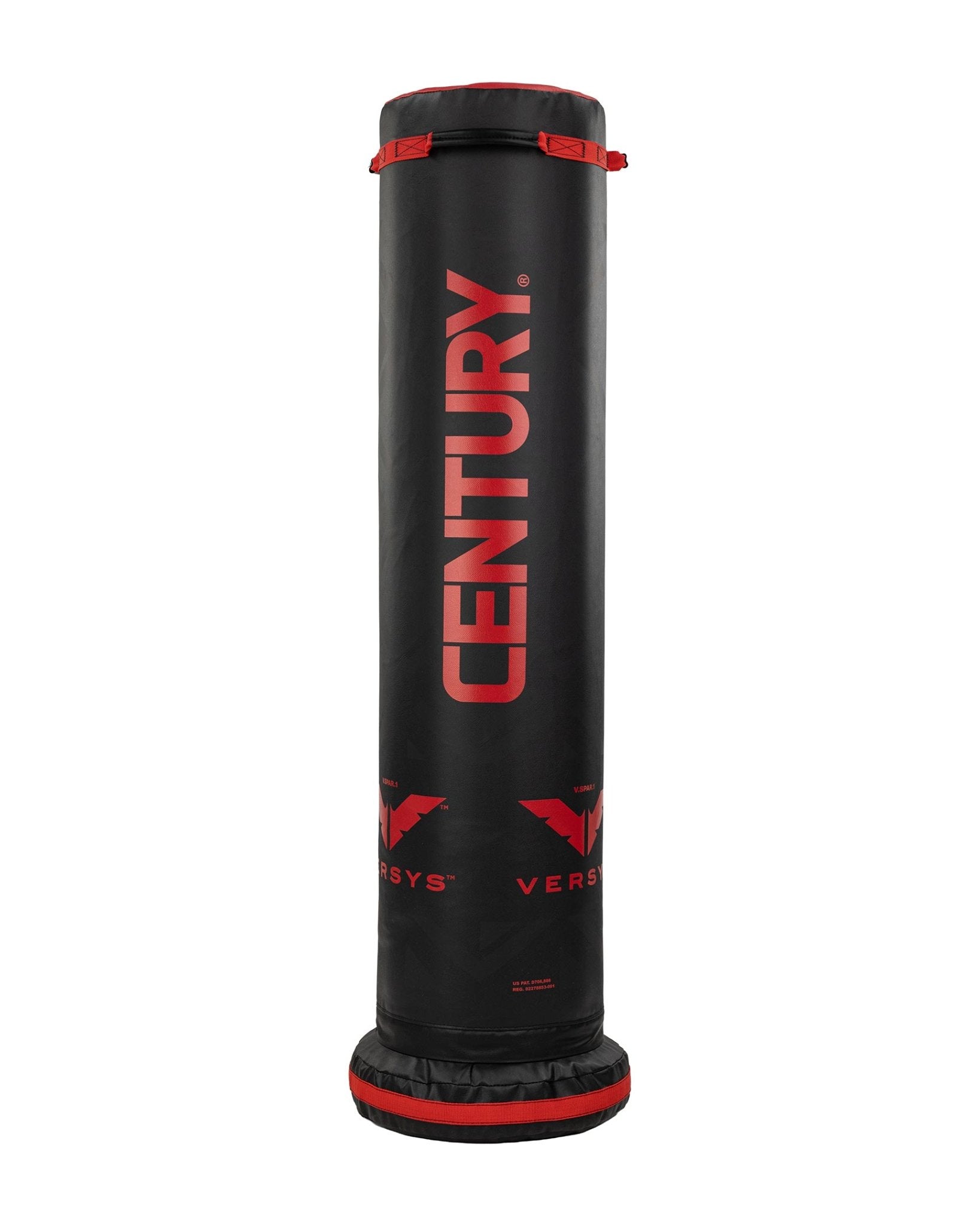Youth boxing bag, black with red vertical text, top strap and logo print