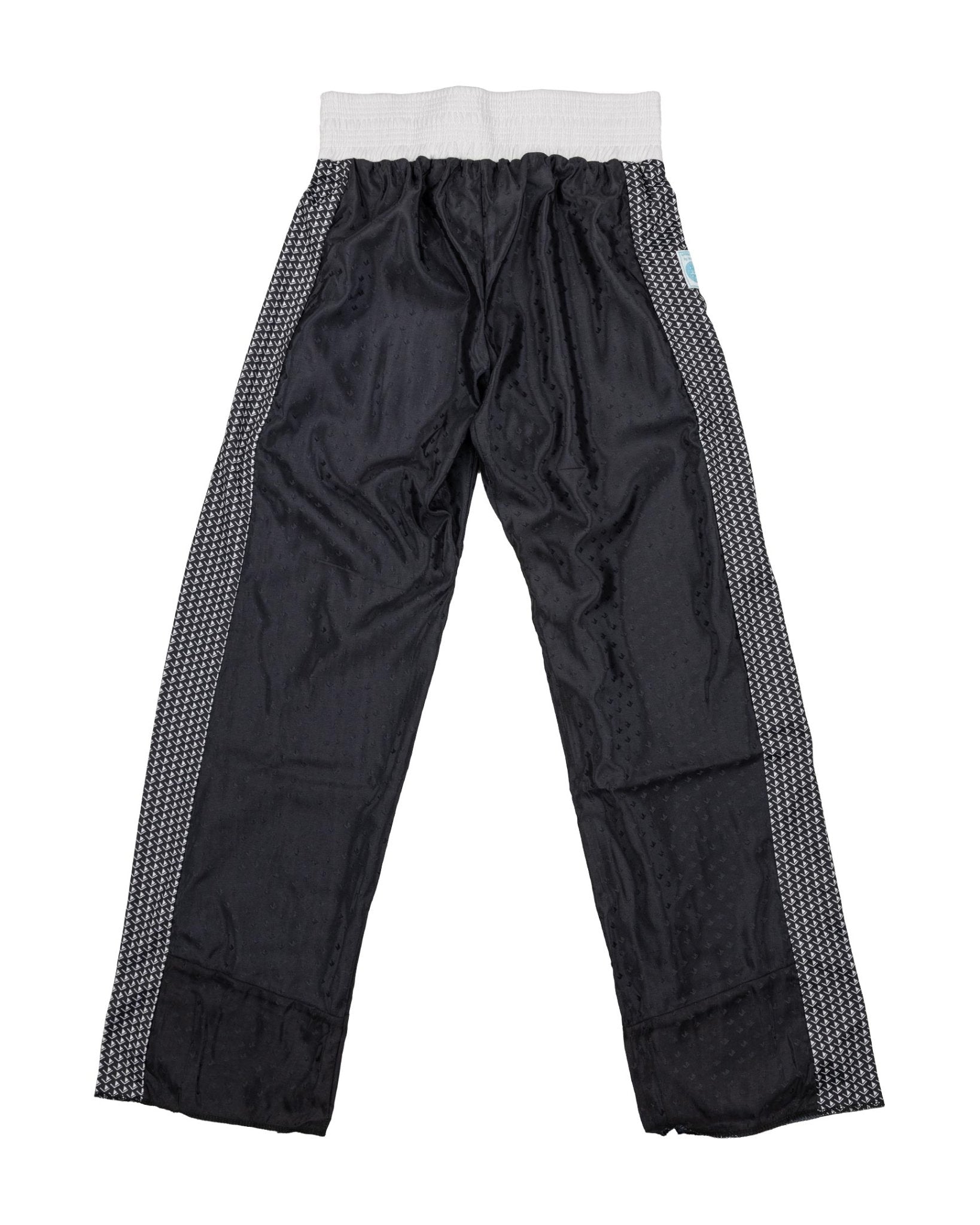 Tenacity pants in black with white waistband and grey patterned side panels