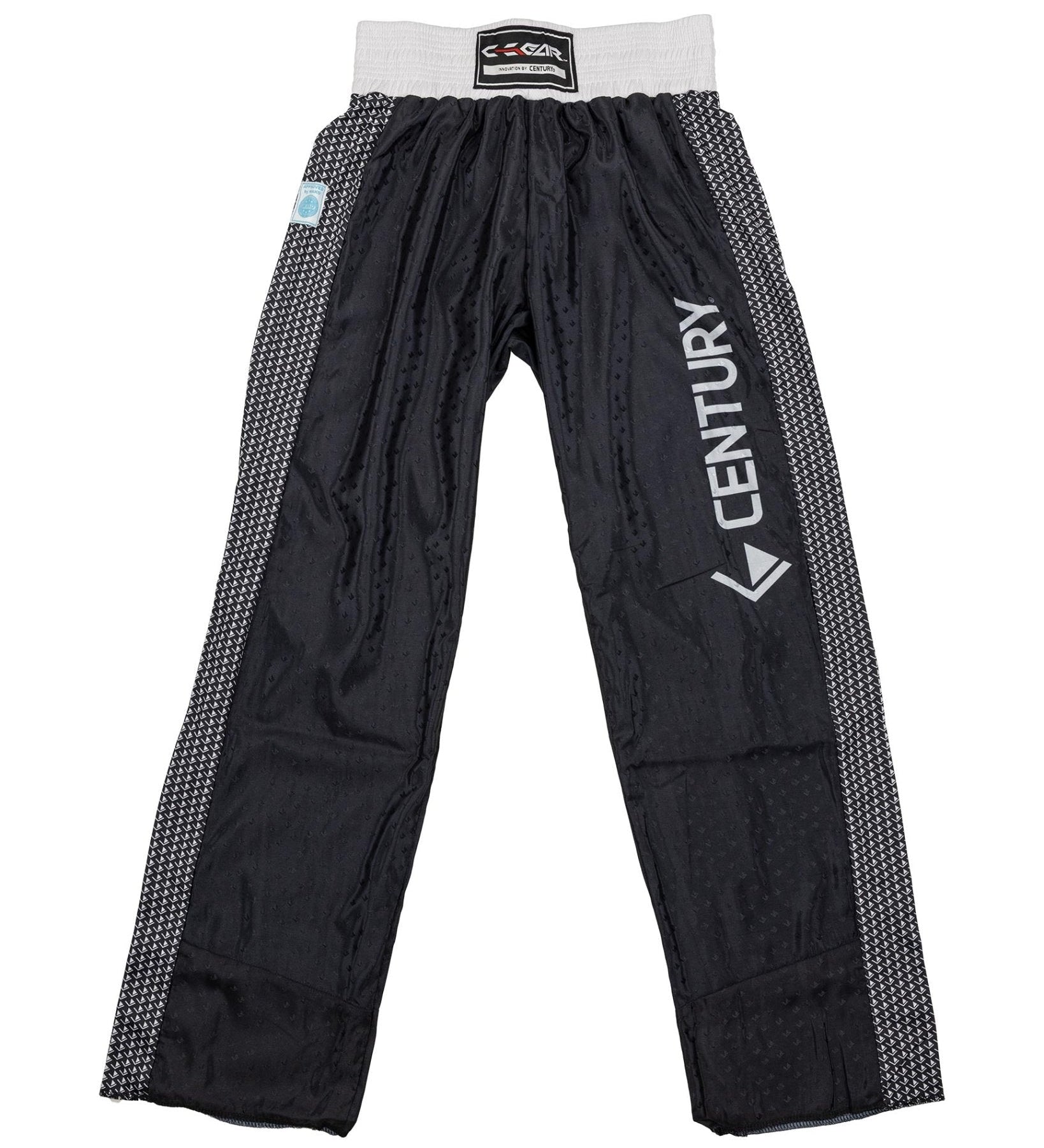 Tenacity pants in black with grey patterned side panels and “CENTURY” leg print