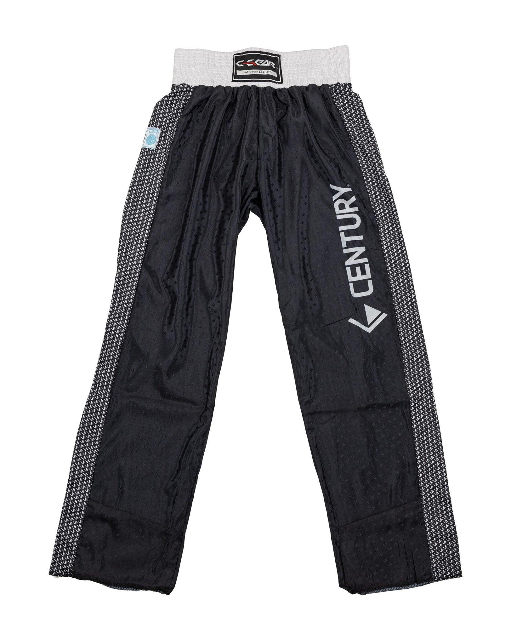 Tenacity pants in black with grey patterned side panels and “CENTURY” leg print