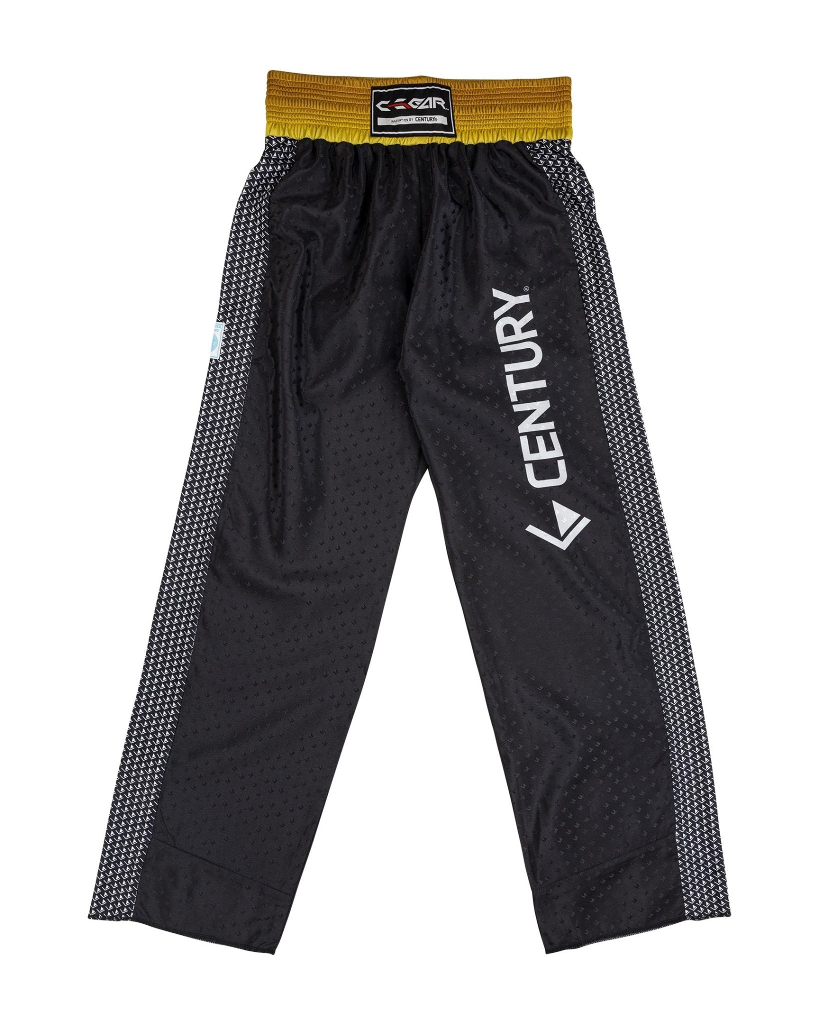 Tenacity pants in black with yellow waistband and “CENTURY” leg print