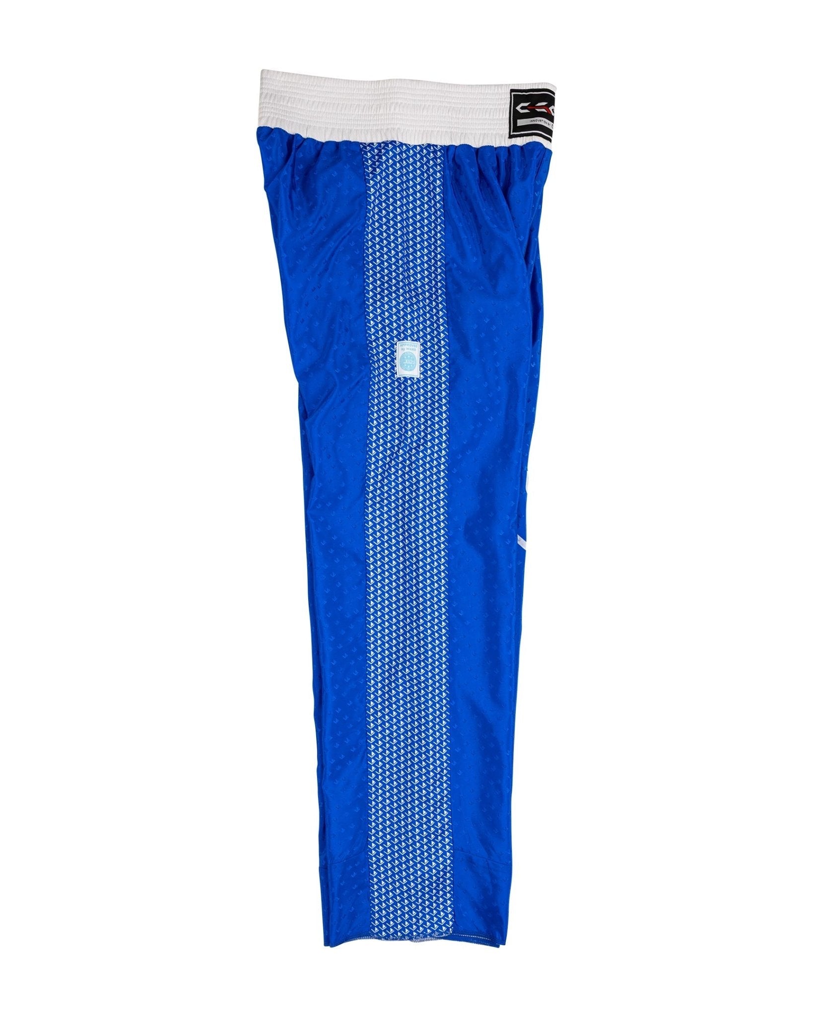 Tenacity pants in blue with white waistband and vertical textured center stripe