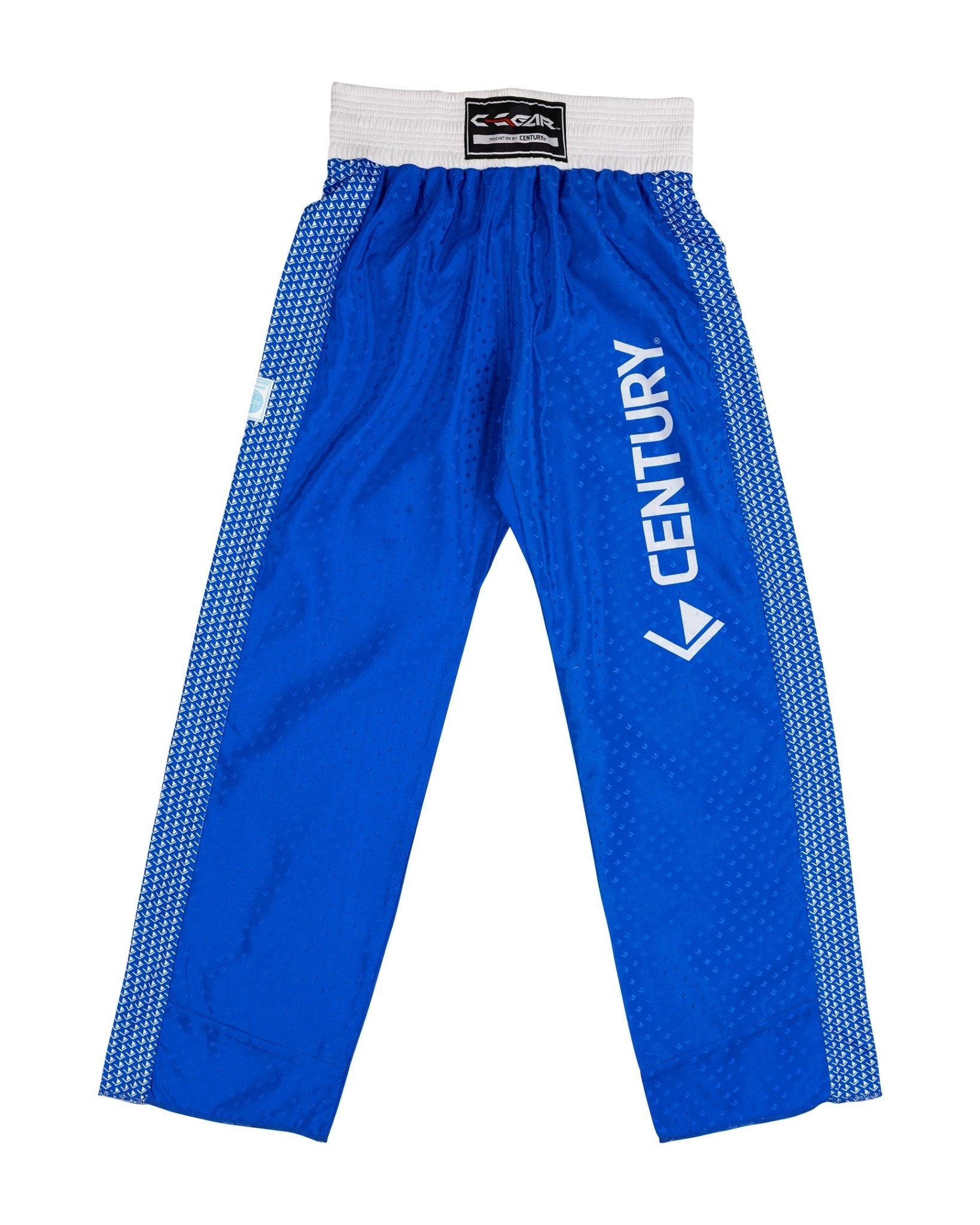 Tenacity pants in blue with grey patterned side panels and “CENTURY” leg print