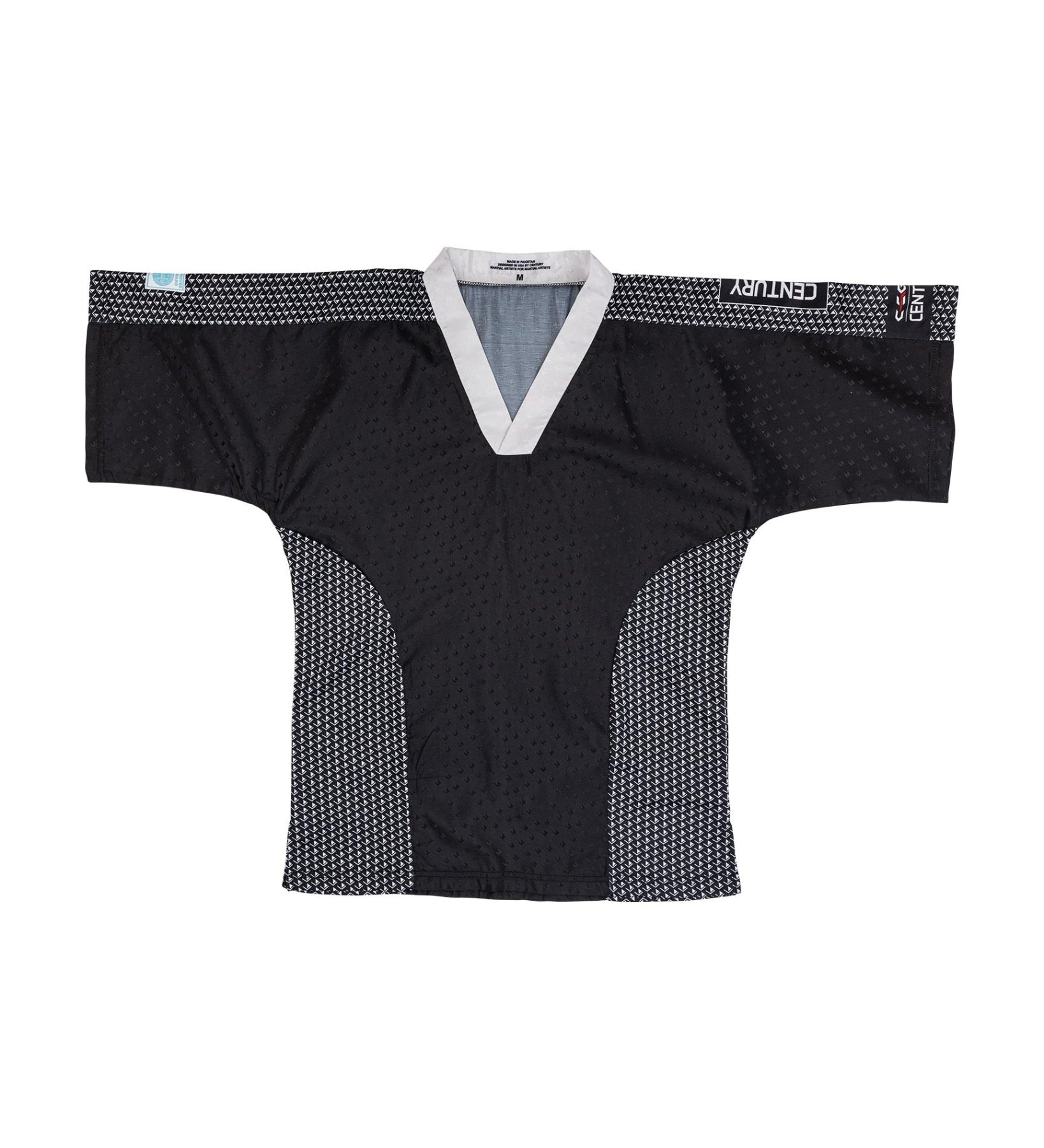 Black martial arts top with V-neck and textured side panels
