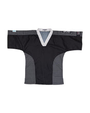 Black martial arts top with V-neck and textured side panels