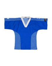 Blue martial arts top with white V-neck trim and textured side panels