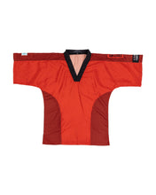 Red martial arts top with black V-neck trim and textured side panels