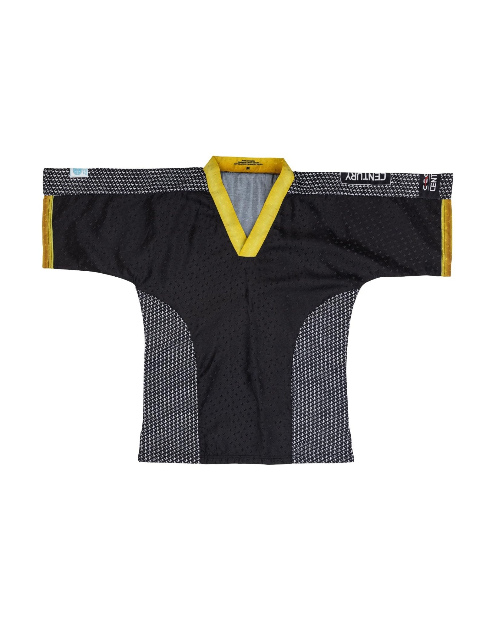Black martial arts top with yellow V-neck trim and textured side panels