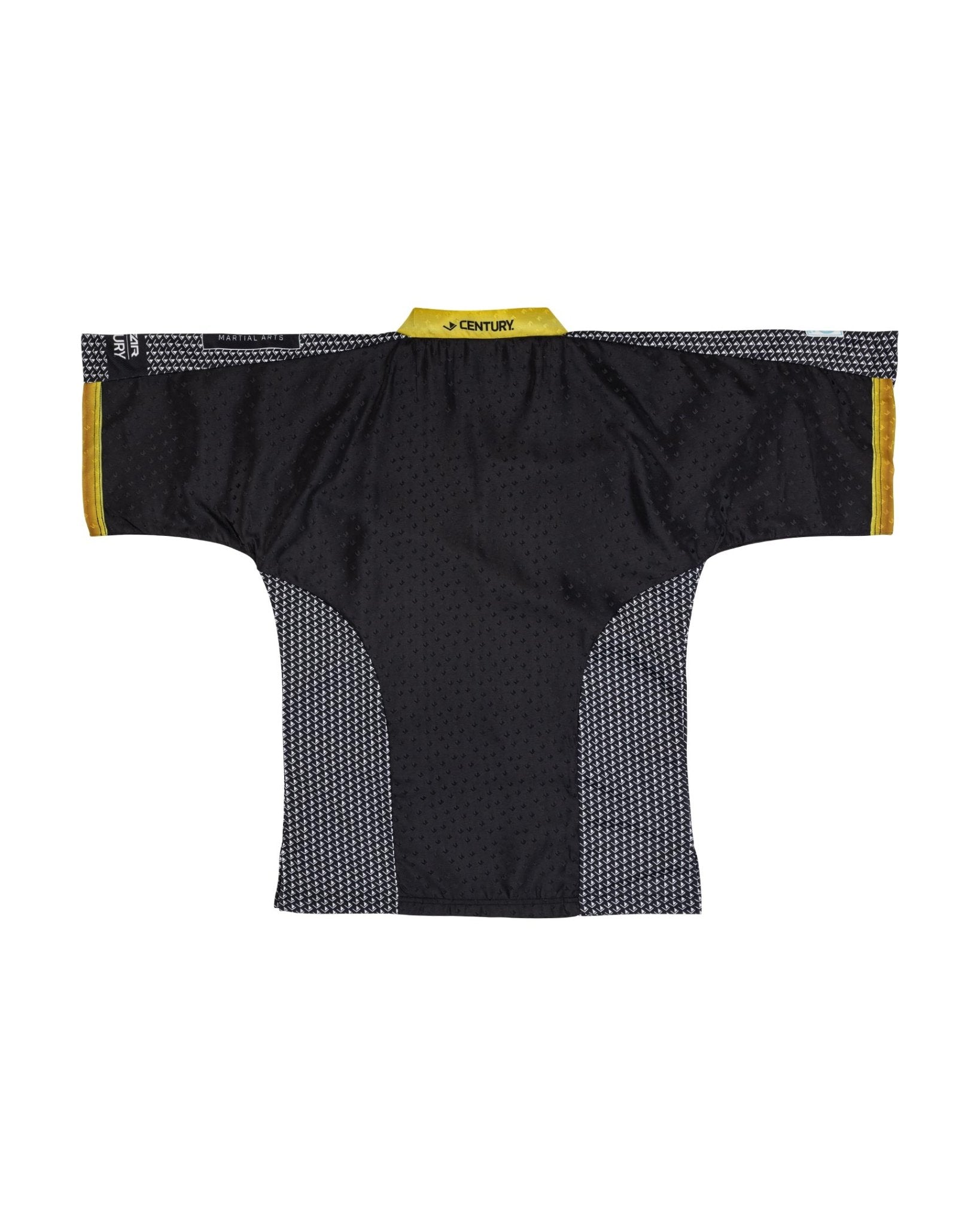 Black martial arts top with yellow trim around neckline and textured side panels