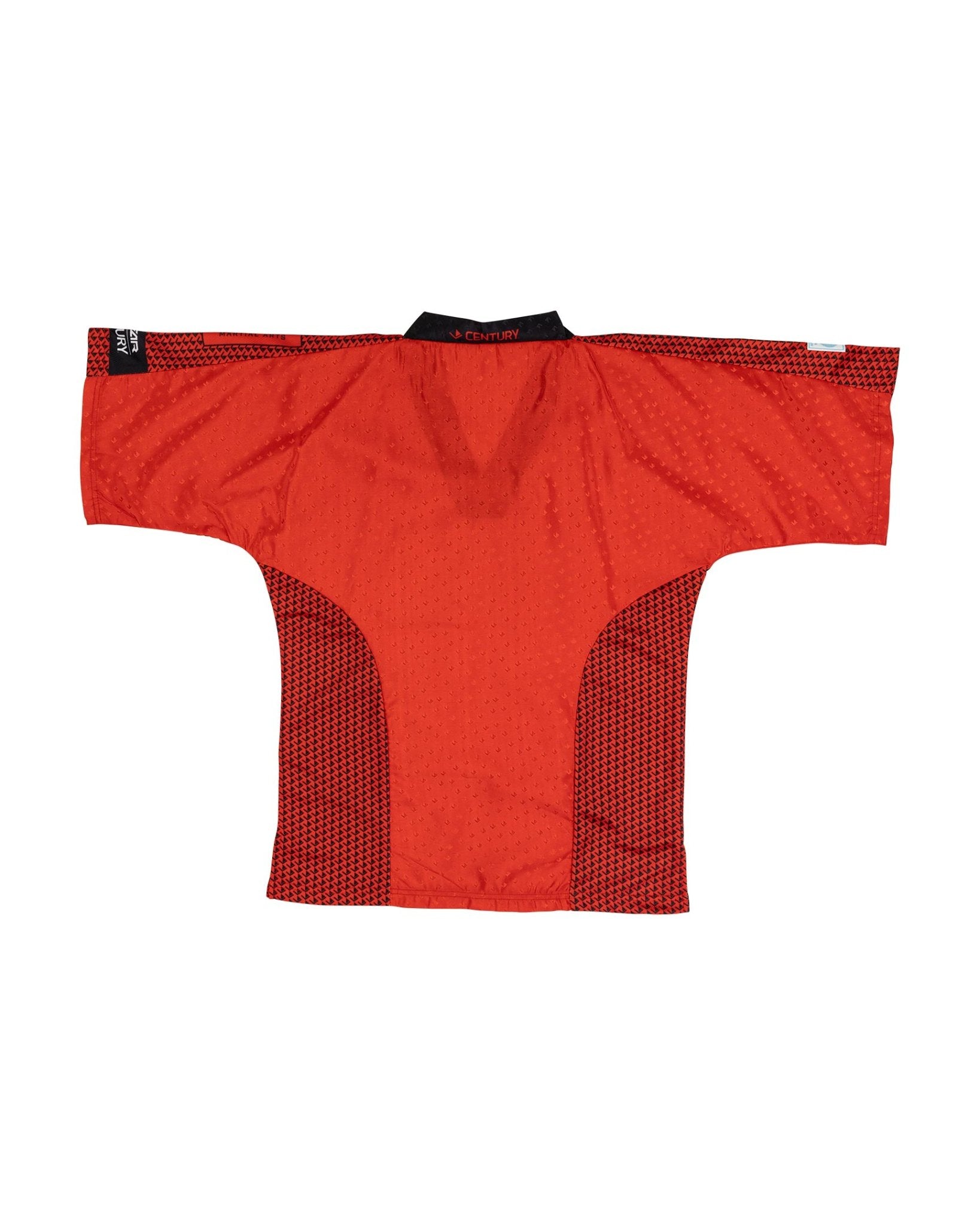 Red martial arts top with black-trimmed neckline and textured side panels