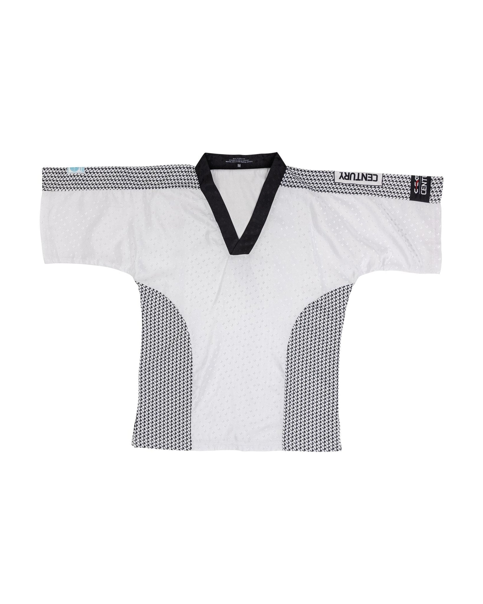 White martial arts top with black V-neck trim and textured side panels