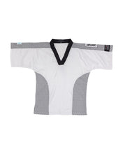 White martial arts top with black V-neck trim and textured side panels