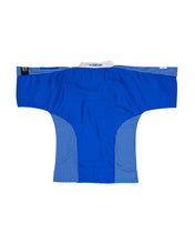 Blue martial arts top with white-trimmed neckline and textured side panels