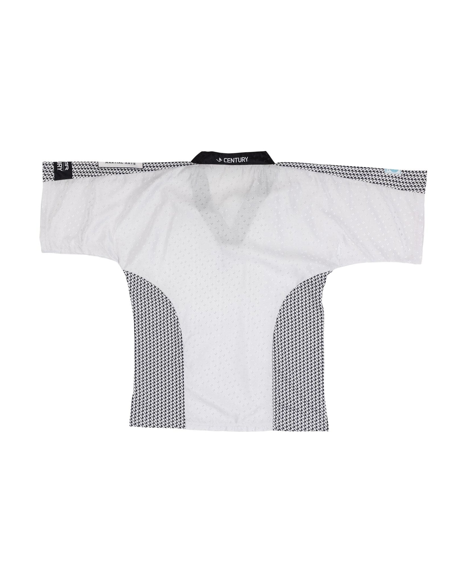 White martial arts top with black-trimmed neckline and textured side panels