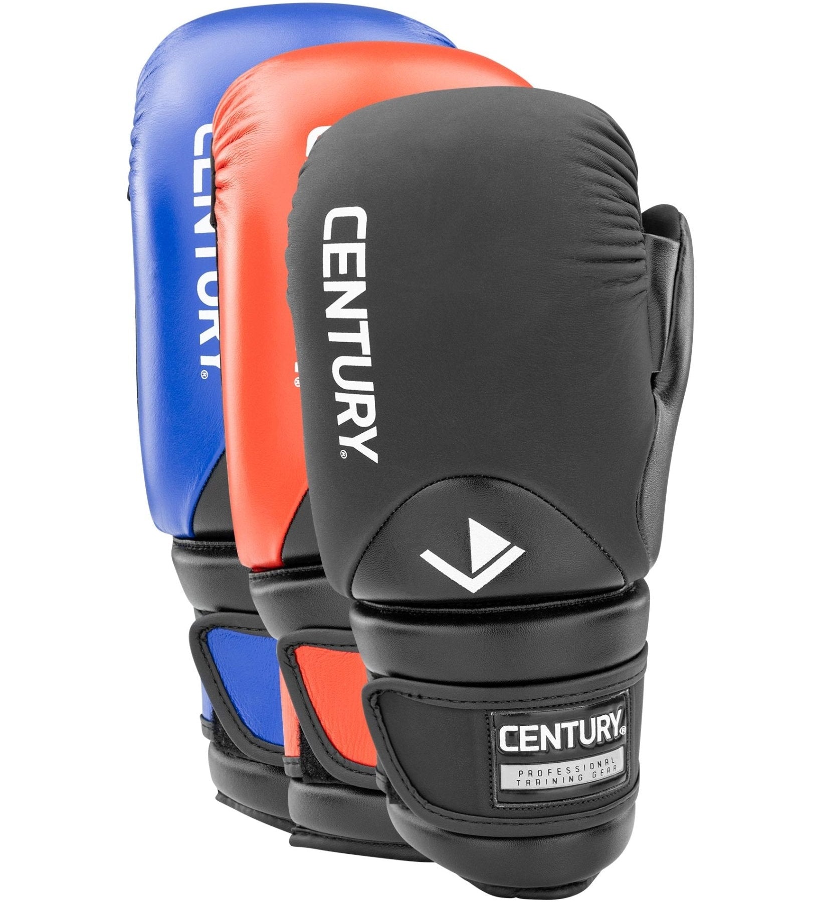 Boxing punch gloves set with black, red-orange, and blue shells and wrist straps