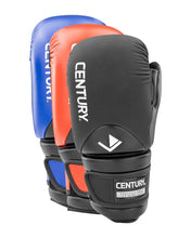 Boxing punch gloves set with black, red-orange, and blue shells and wrist straps