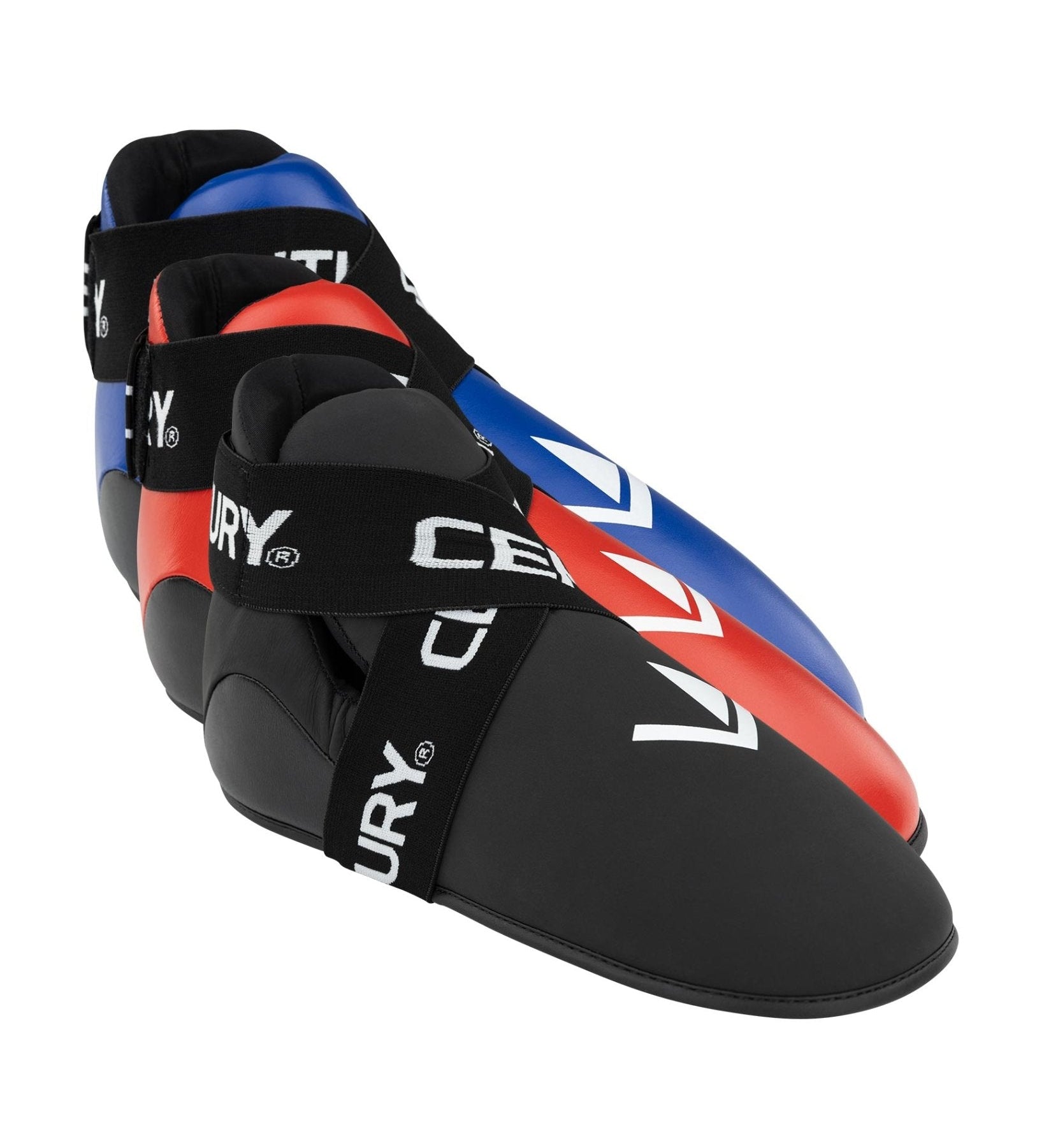 Blue, red, and black high-top training kicks with wide strap and logo accents