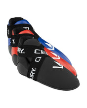 Blue, red, and black high-top training kicks with wide strap and logo accents