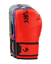 Kickboxing gloves in red and black with grey accents, thick padded knuckles and wrist strap