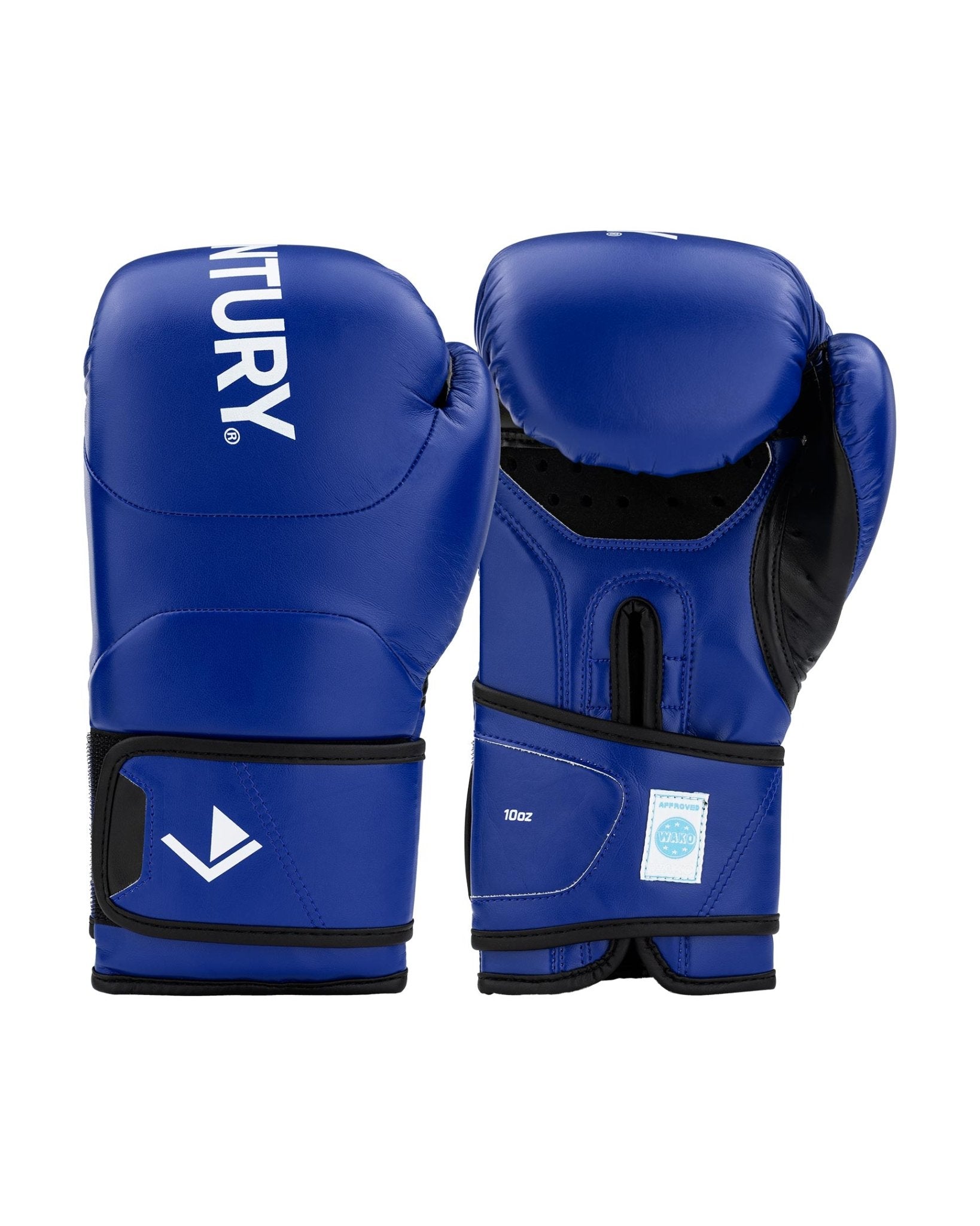 Kickboxing gloves in blue with black wrist strap and padded knuckles