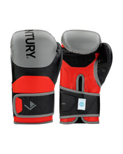Kickboxing gloves with grey backs, red and black panels, padded knuckles and wrist strap