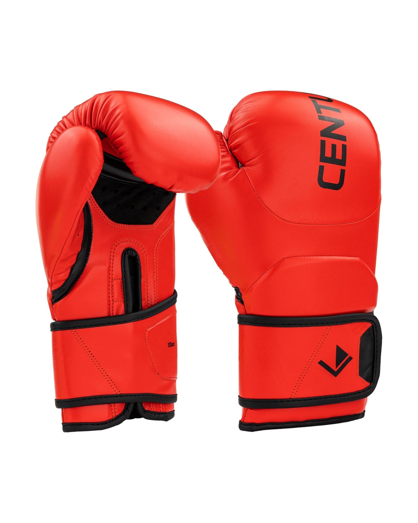Red kickboxing gloves, side view with curved padded palms and black wrist strap