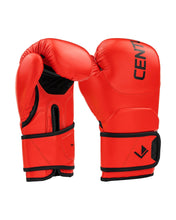 Red kickboxing gloves, side view with curved padded palms and black wrist strap