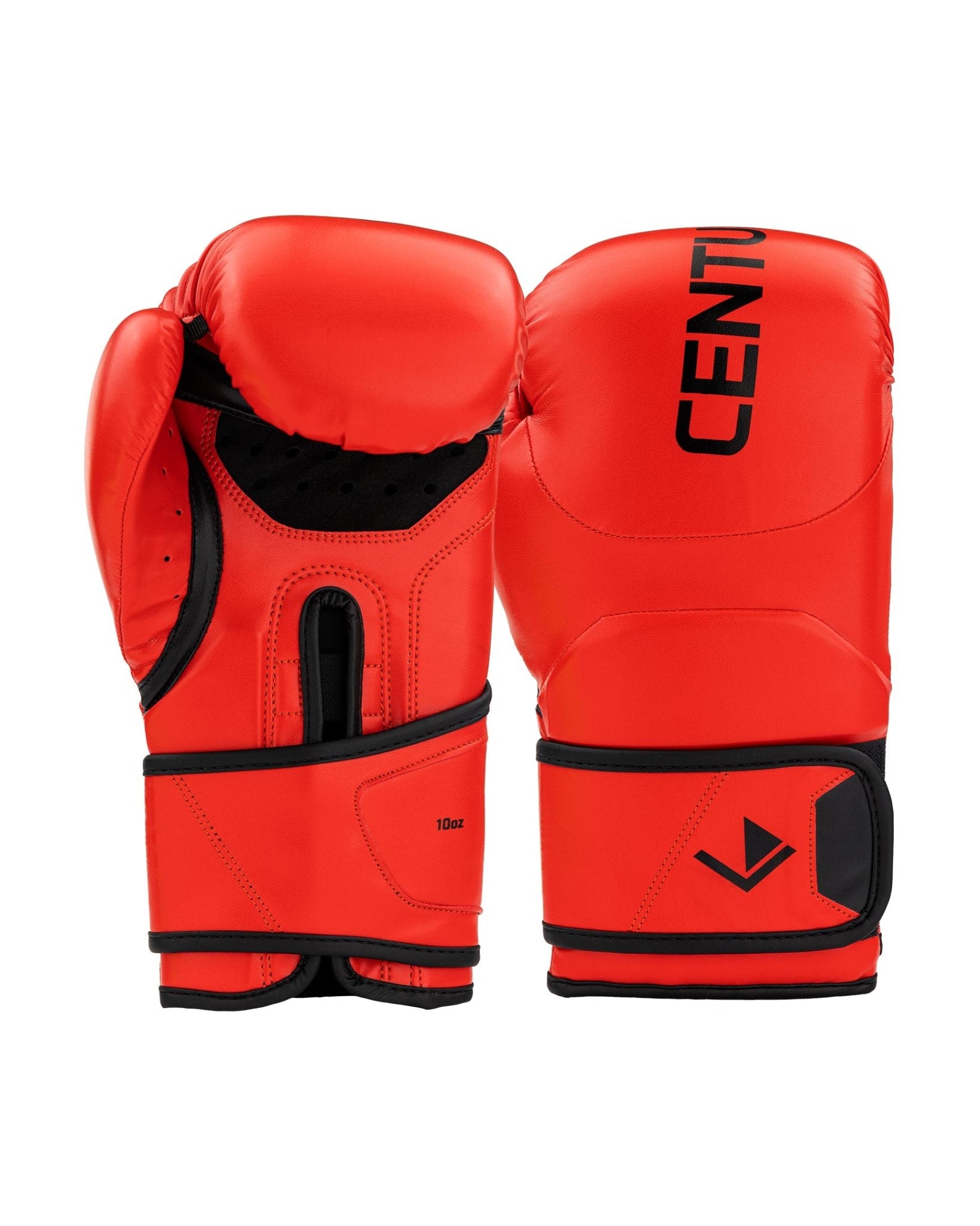 Red kickboxing gloves, back and inner side view with black strap and padded knuckles