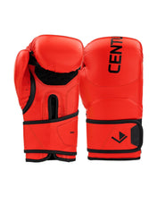 Red kickboxing gloves, back and inner side view with black strap and padded knuckles