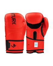 Red kickboxing gloves with black wrist strap, padded knuckles and logo patch details