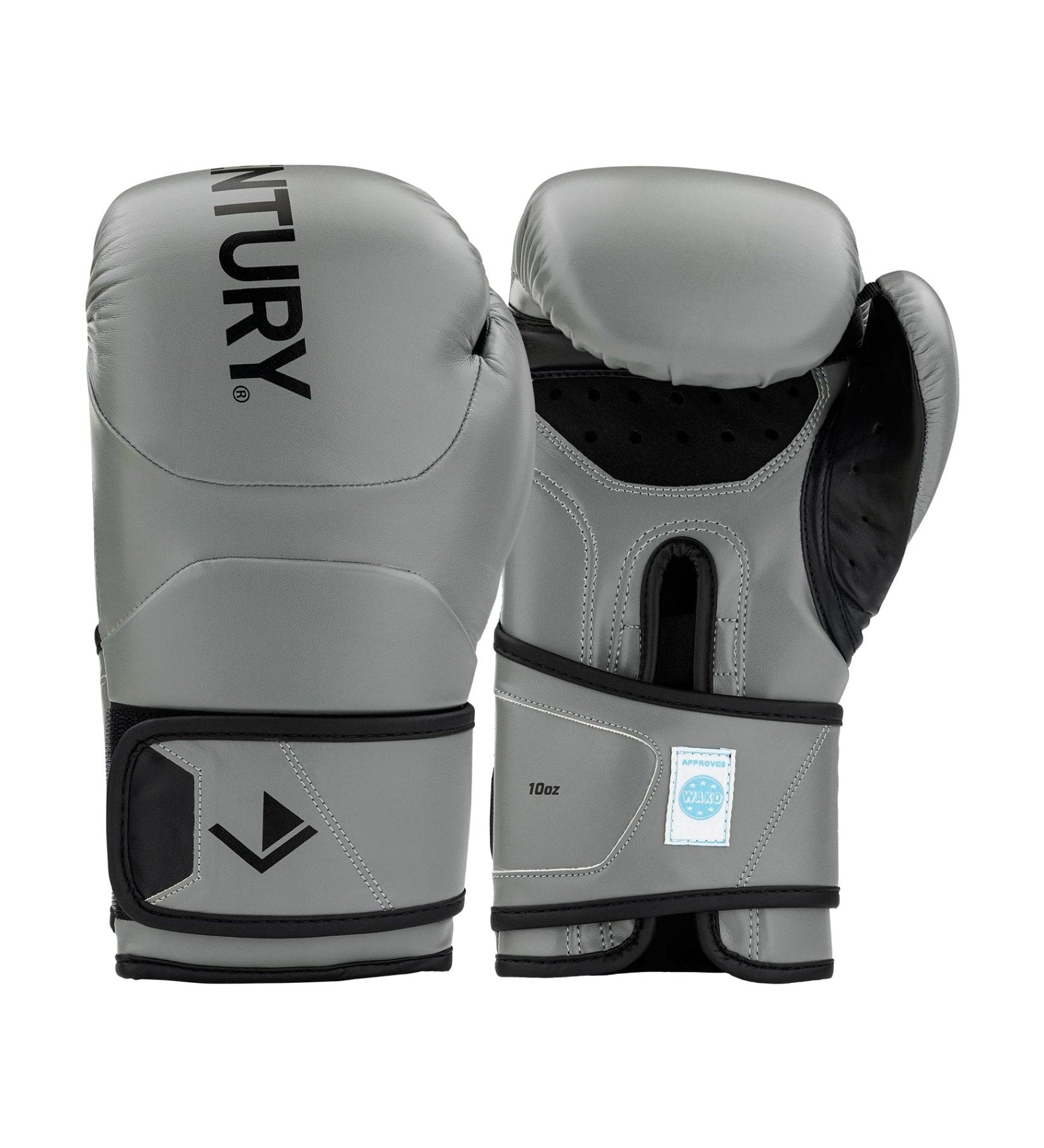 Kickboxing gloves in grey with black accents, padded knuckles and adjustable wrist strap