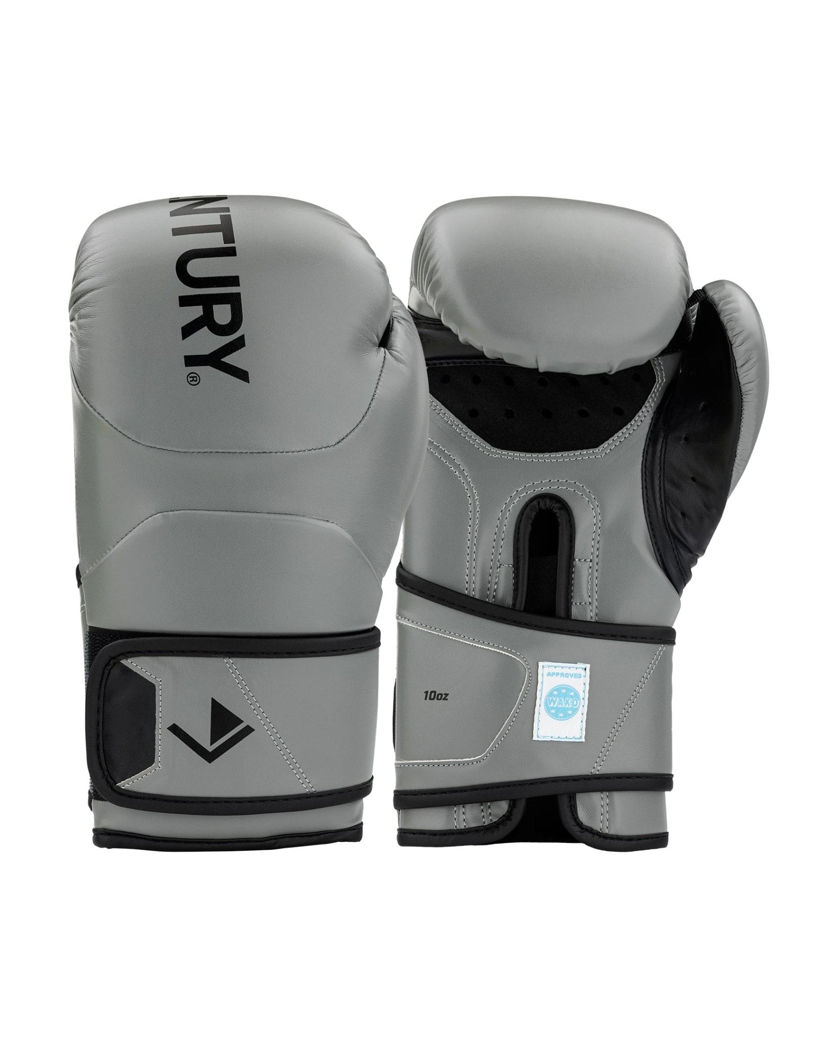 Kickboxing gloves in grey with black accents, padded knuckles and adjustable wrist strap