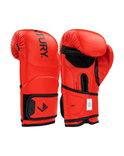 Red kickboxing gloves, back view with logo on cuff and black wrist strap