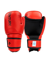Pair of red and black boxing gloves with hook-and-loop wrist closures