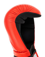 Red boxing punch mitt with black lining and padded wrist strap