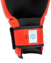 Red boxing glove interior with black thumb lining and WAKO wrist patch