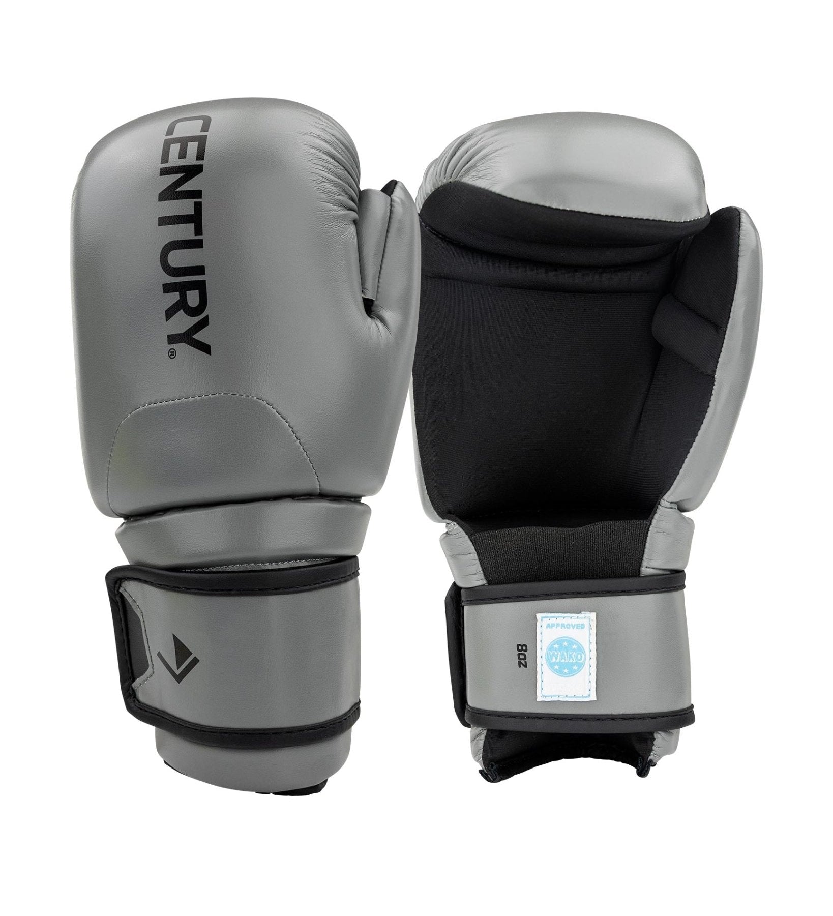 Pair of gray and black boxing gloves with WAKO wrist patch and strap